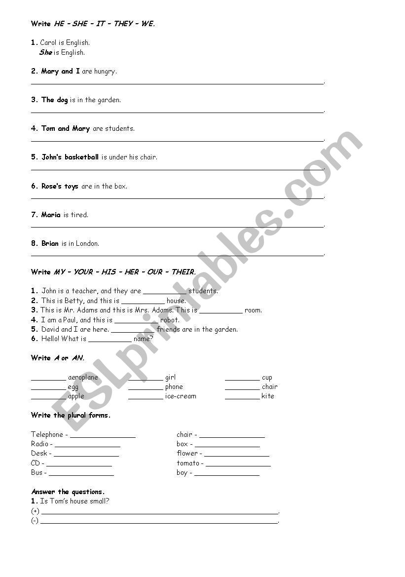 Personal pronouns, possessive pronouns, a/an, plurals, to be questions, there is/are