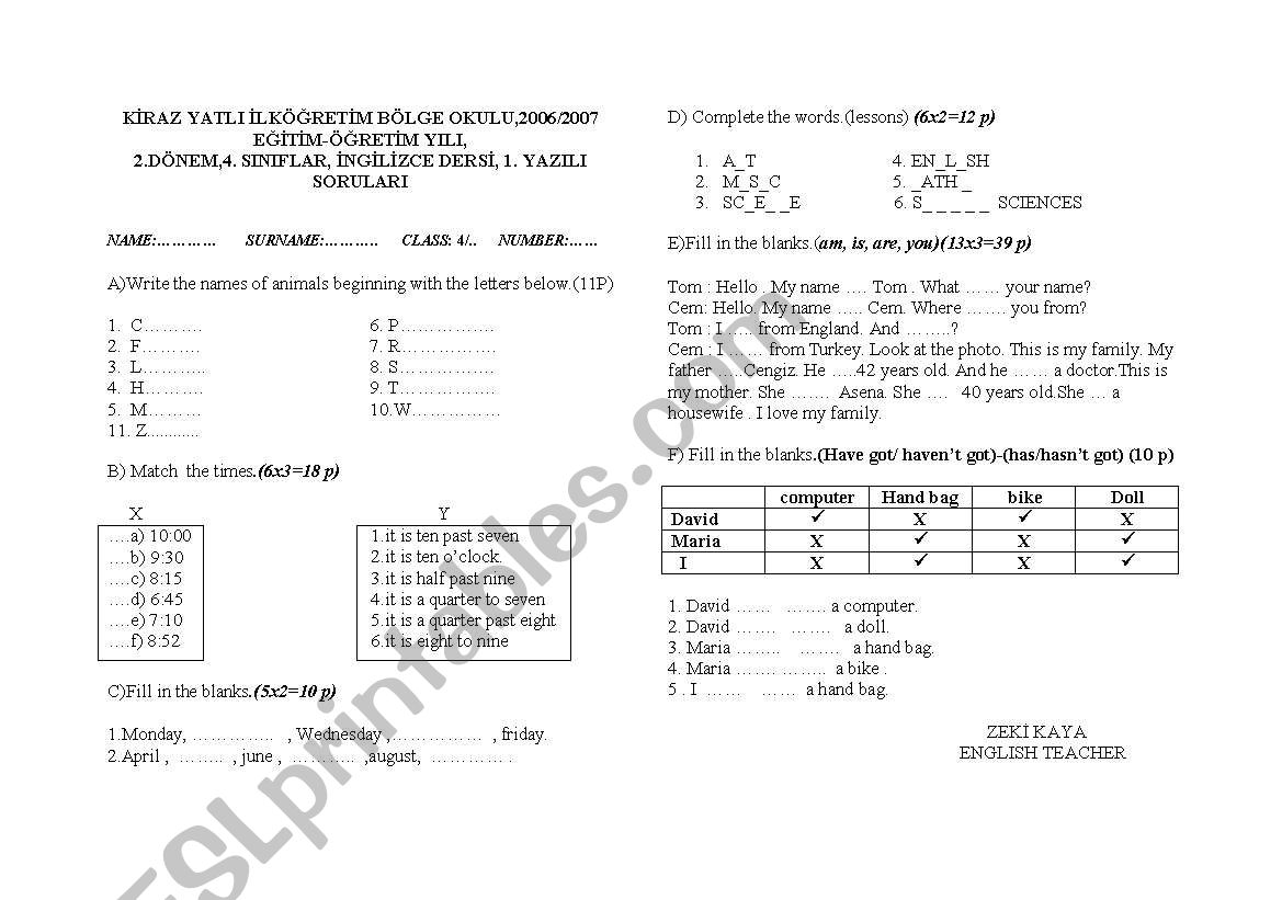 exam for 4th grade worksheet