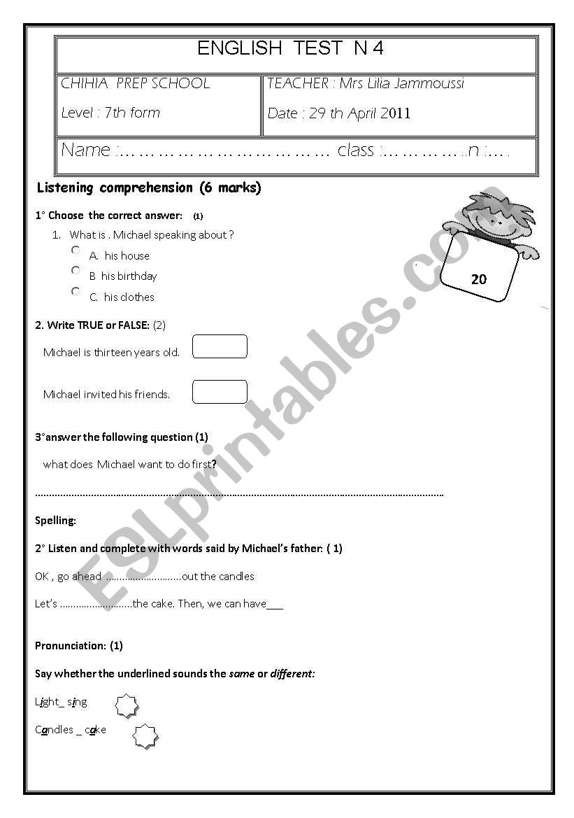 test for 7th form worksheet