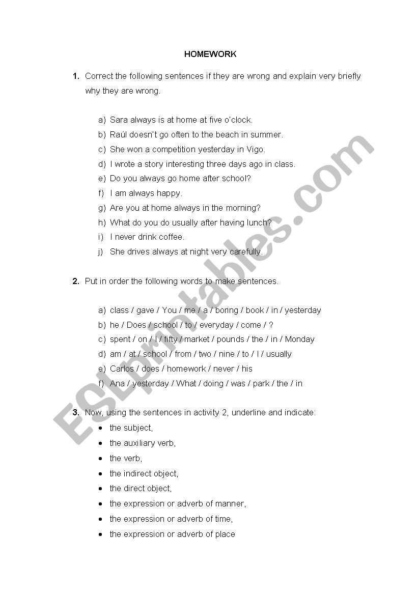 word order worksheet