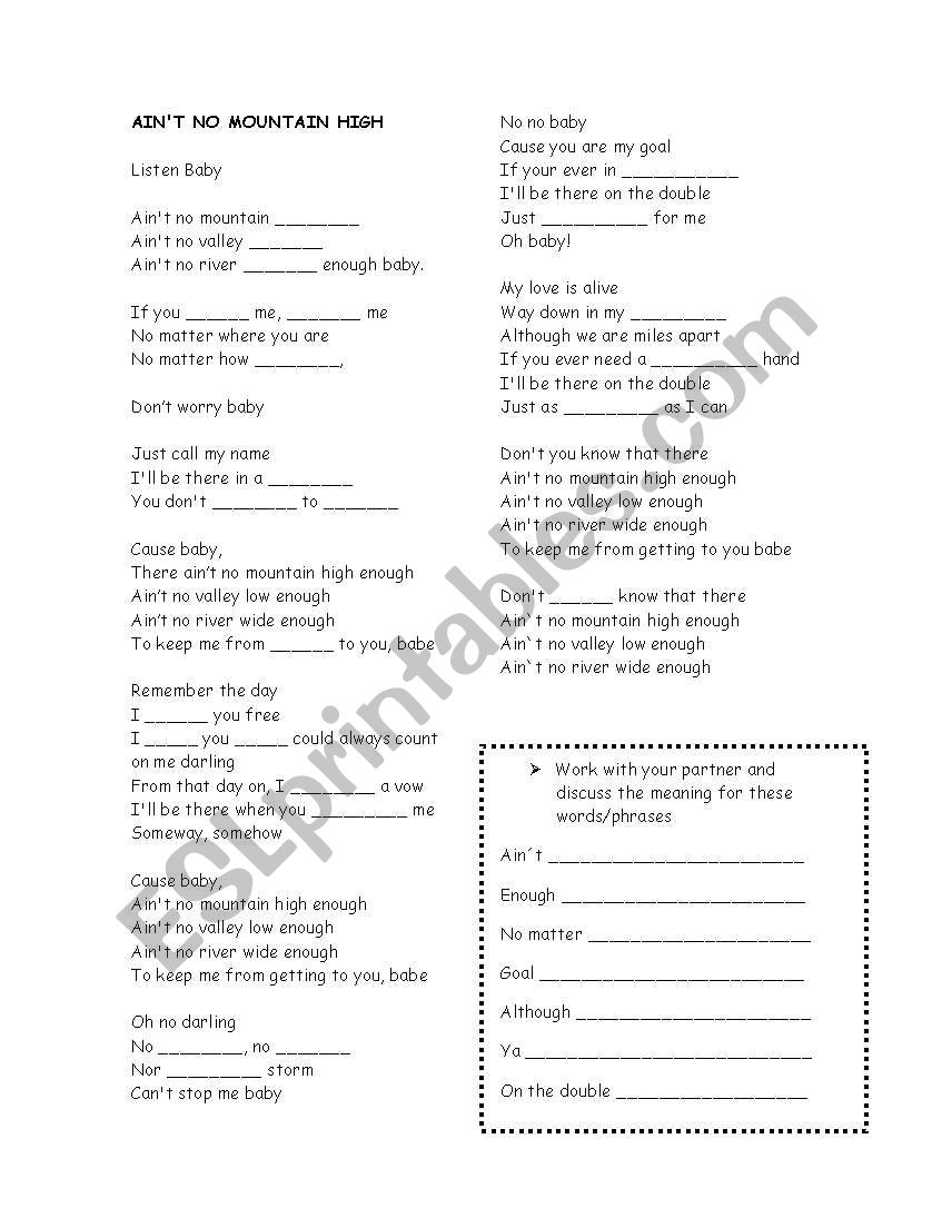 Aint no mountain high song worksheet