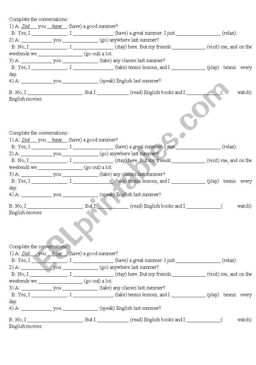 Conversation using the past worksheet