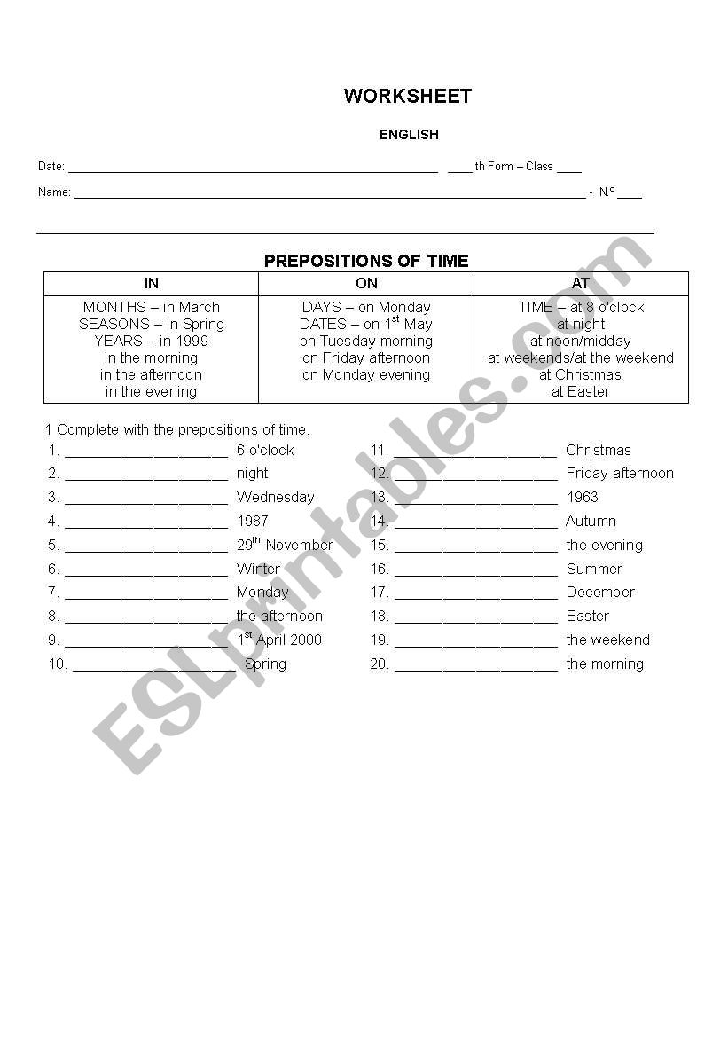 PREPOSITIONS OF TIME worksheet