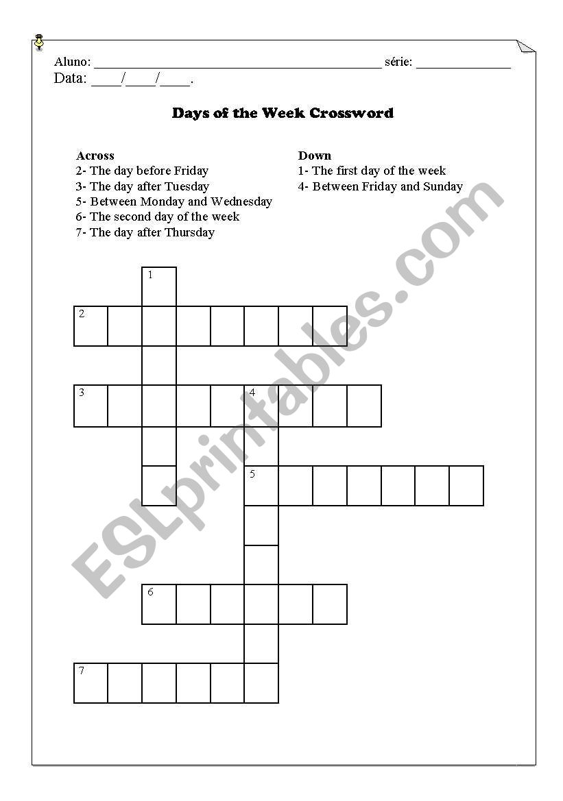 Days Of The Week Crossword Puzzle Printable