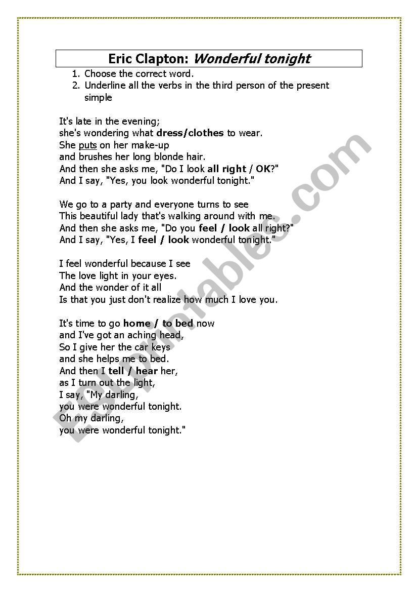 Song: Wonderful tonight worksheet