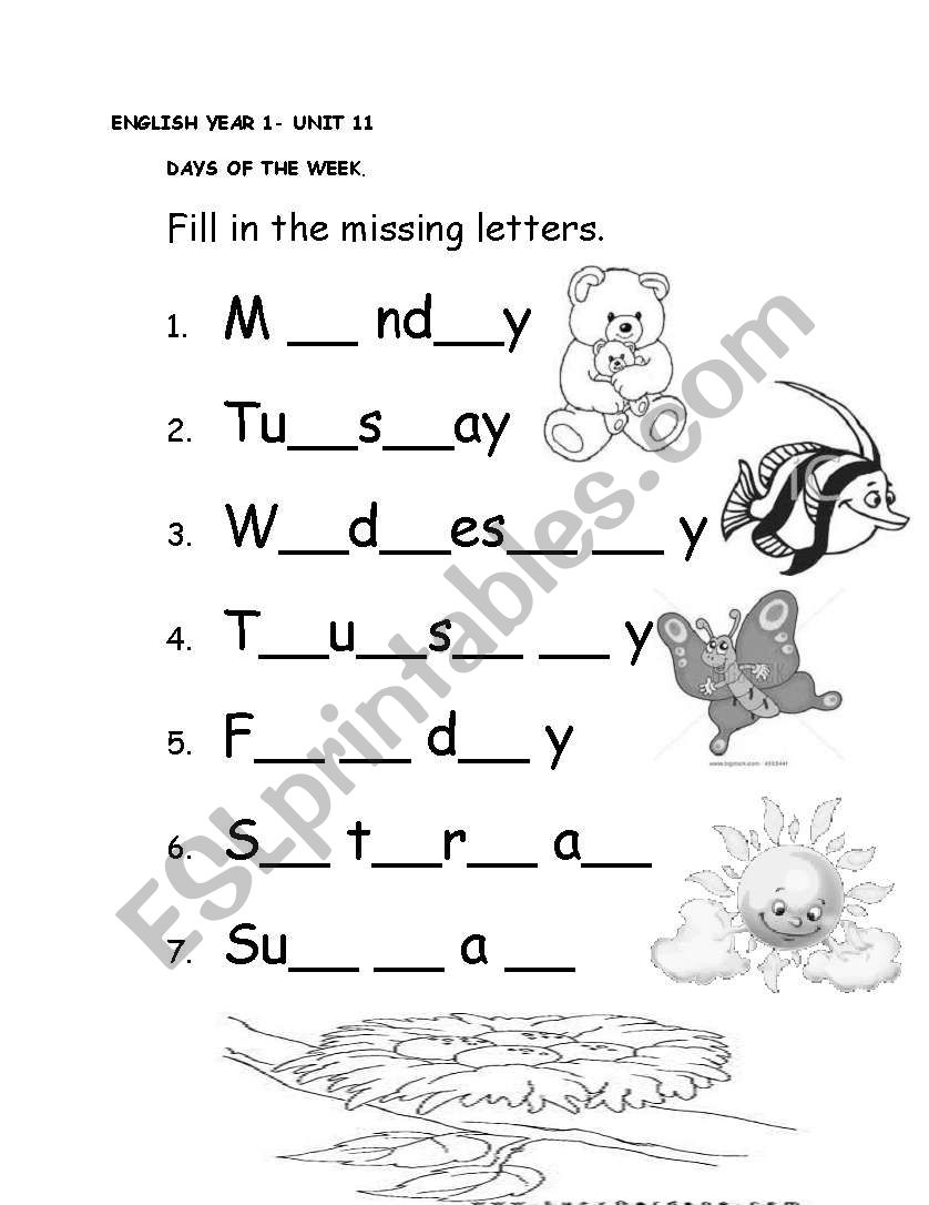 days of the week worksheet