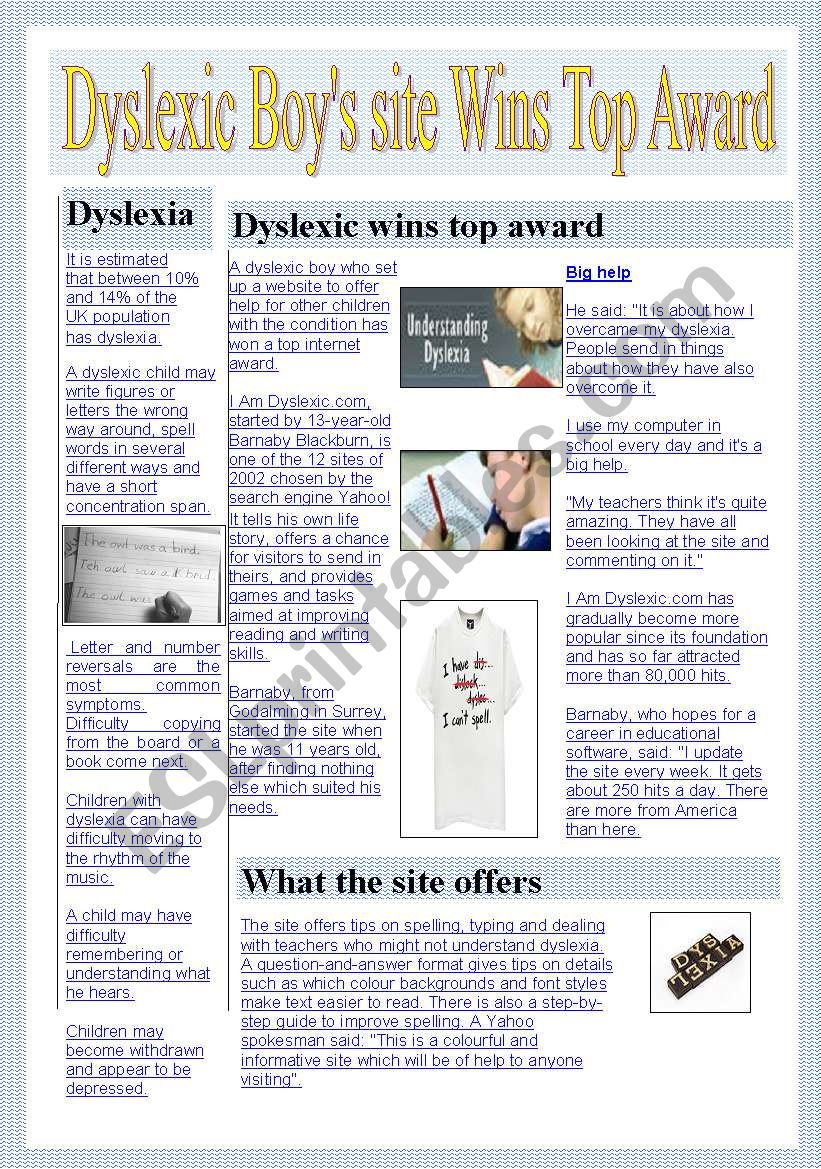 dyslexic boy wins award worksheet
