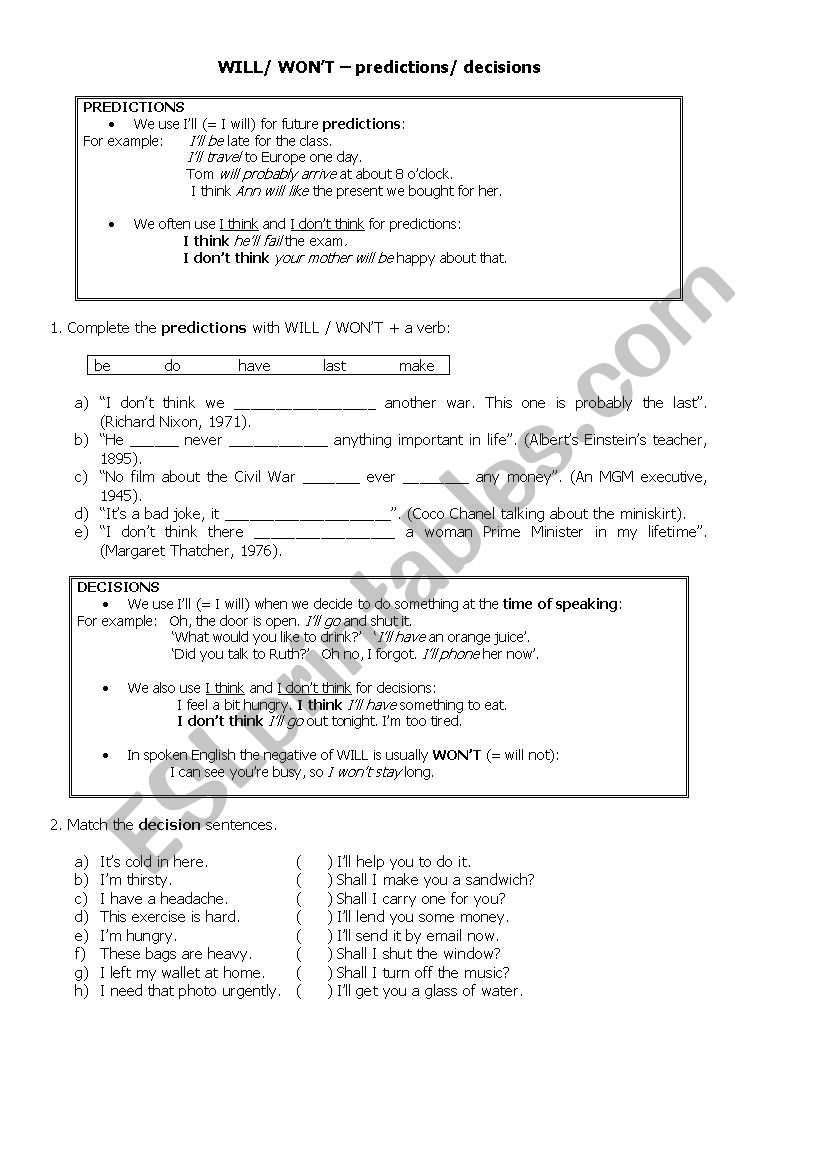 WILL/ WONT worksheet