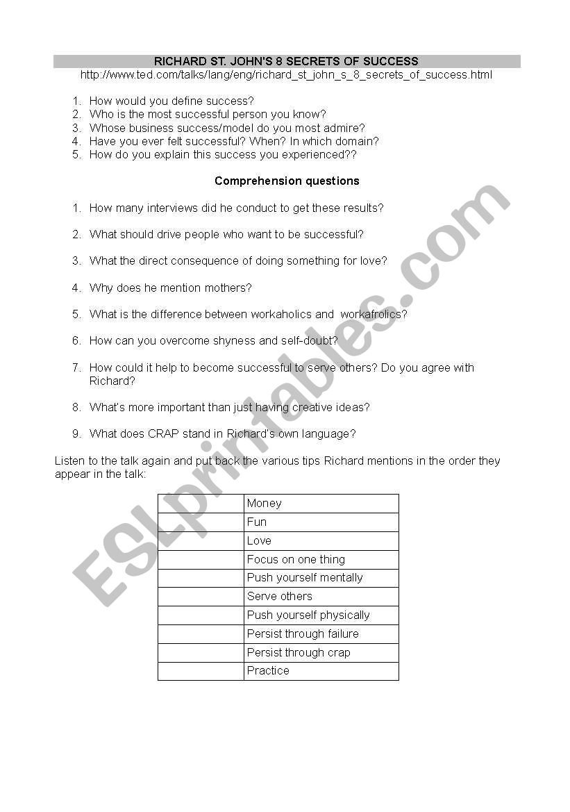 8 Keys to Success worksheet