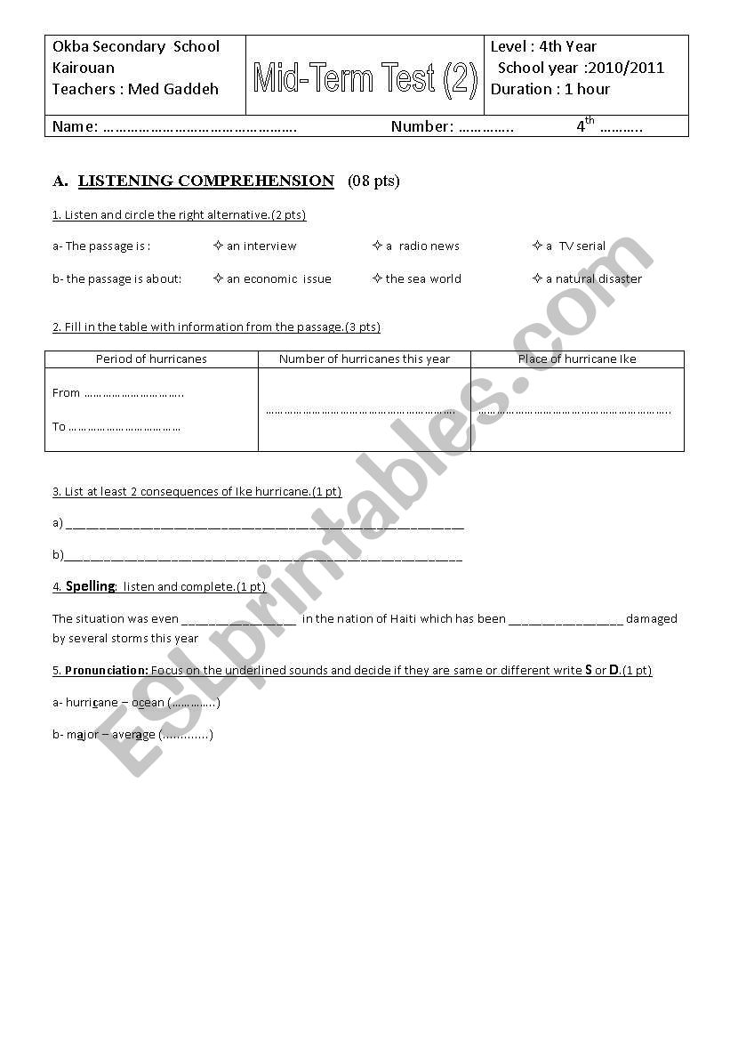 Mid-Term Test 4th formers worksheet