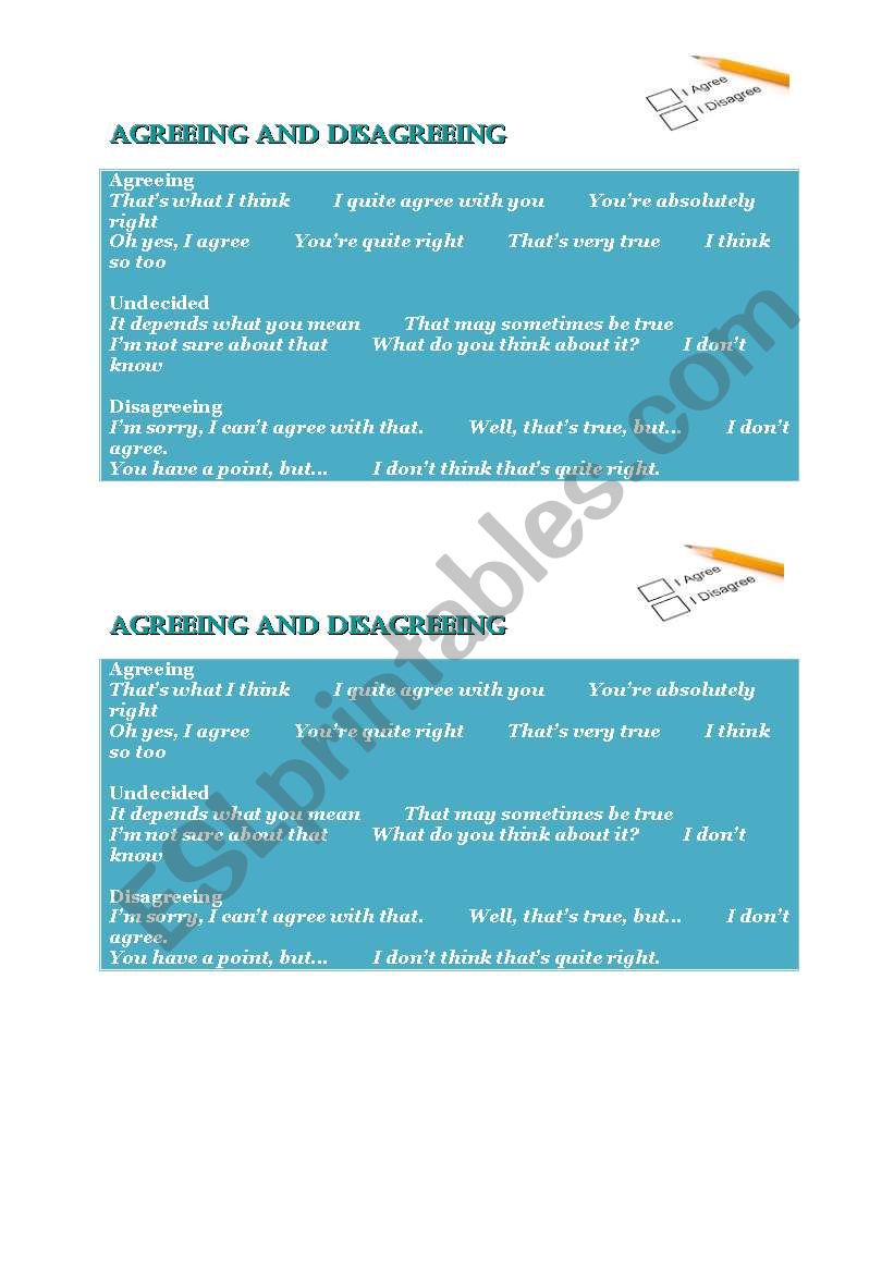 Agreeing and disagreeing worksheet