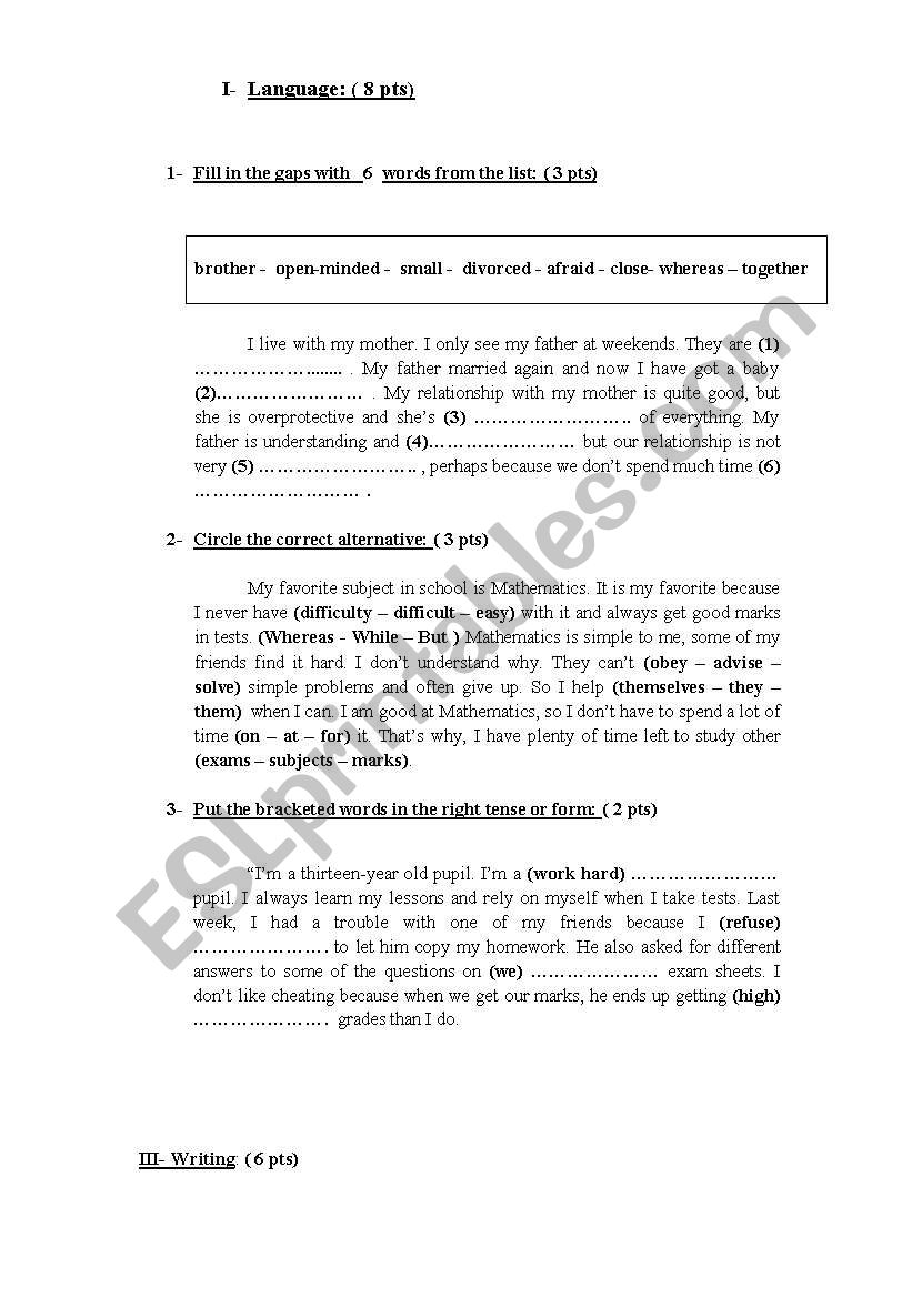 global test 1 9th form Tunisian curriculum