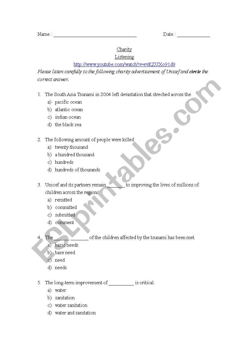 Charity (Unicef)  worksheet