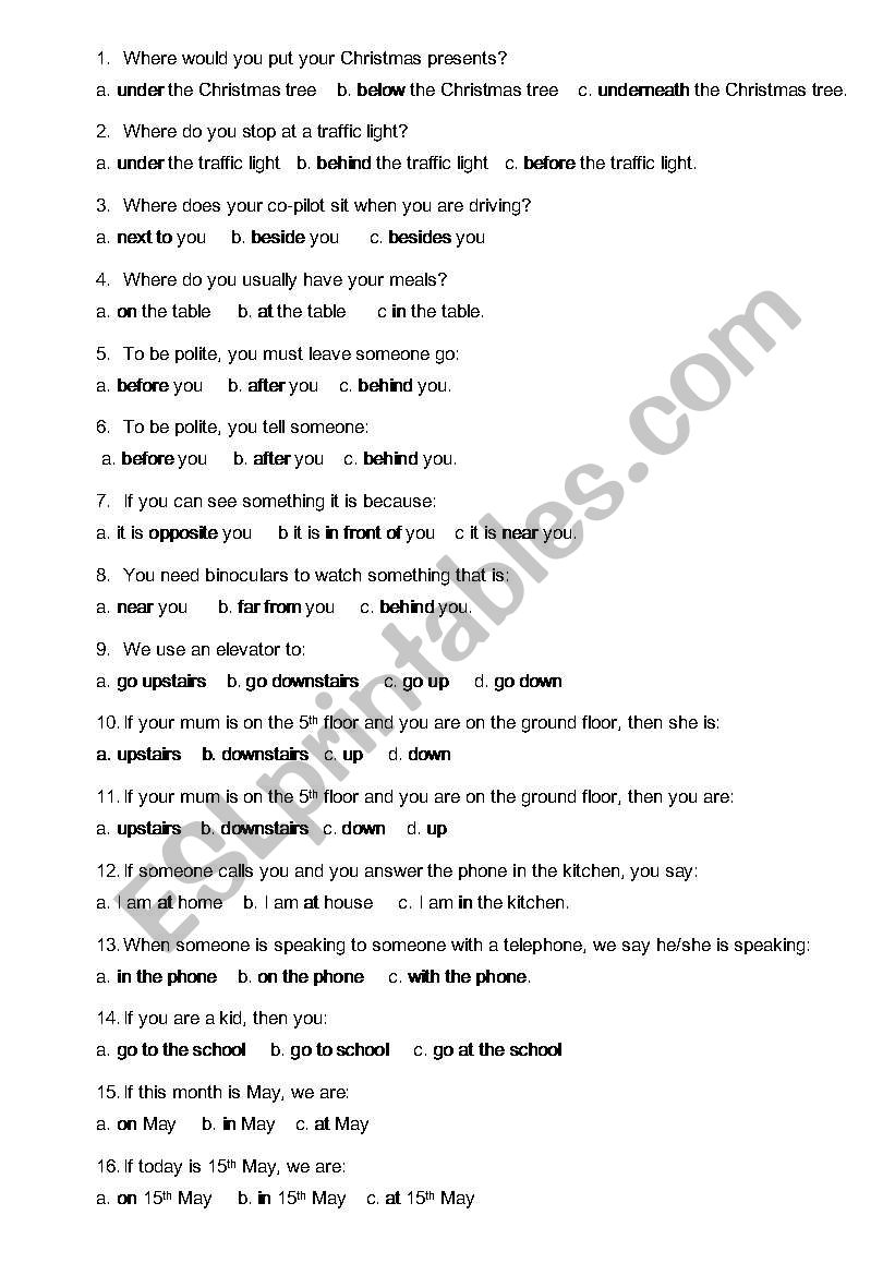 Multiple choice Prepositions worksheet