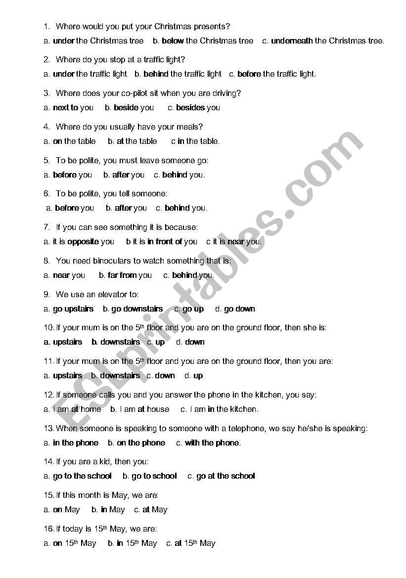 Multiple choice Prepositions worksheet