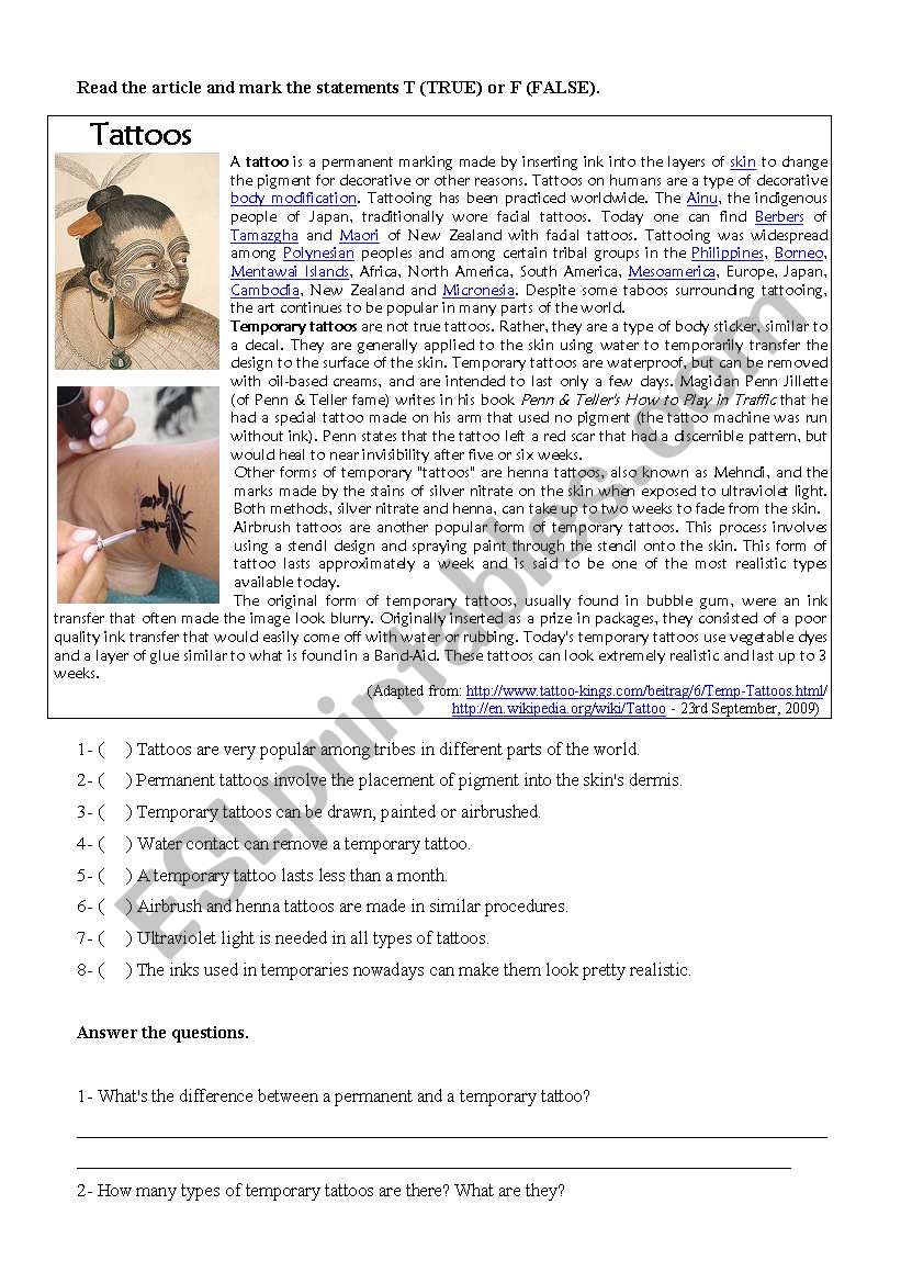 Tattoos worksheet