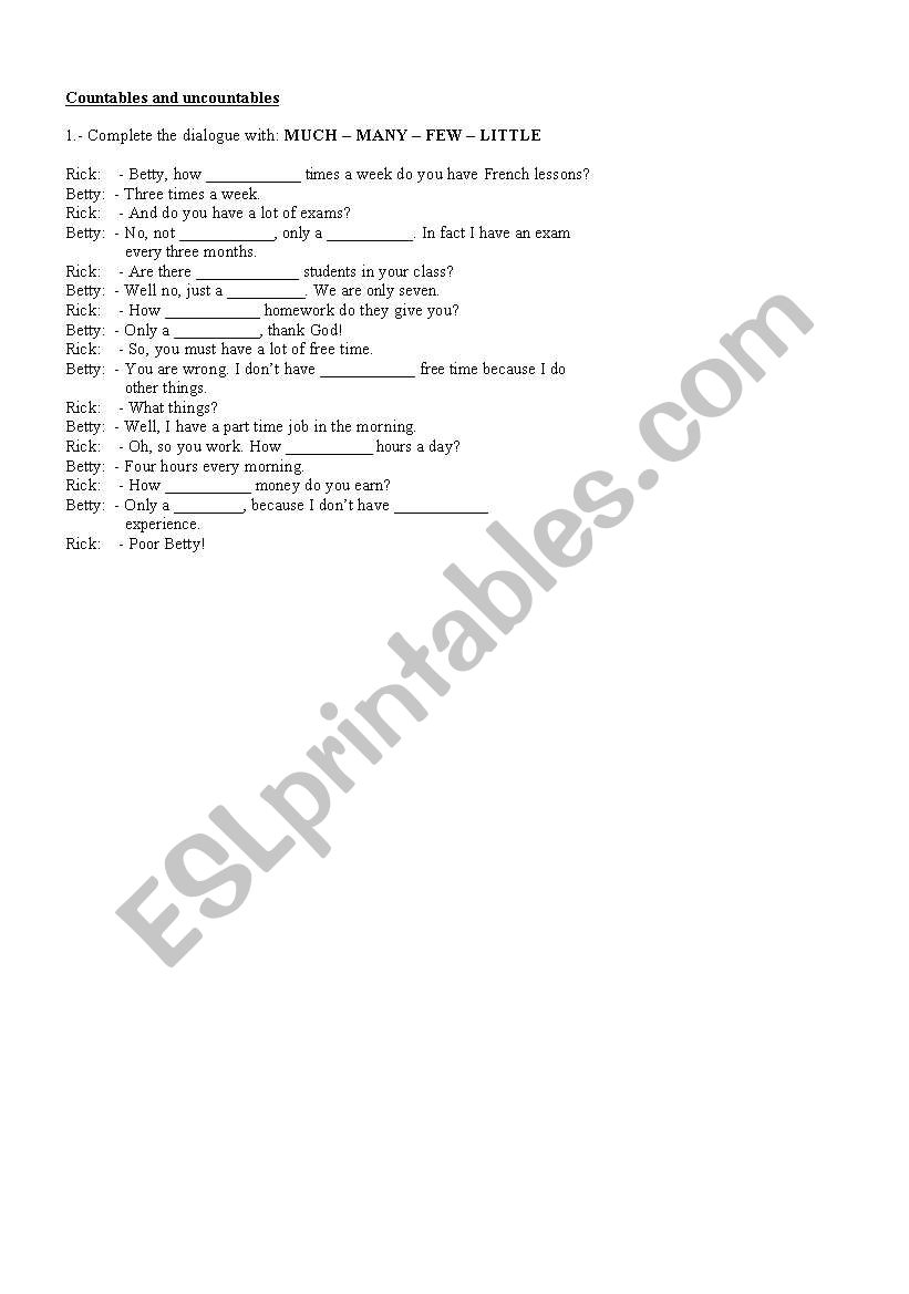 Countables and uncountables worksheet