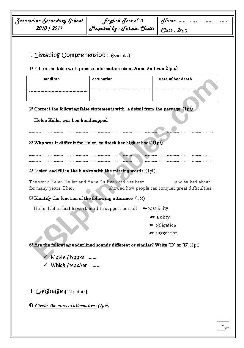 english test for tunisian 3 level  students 