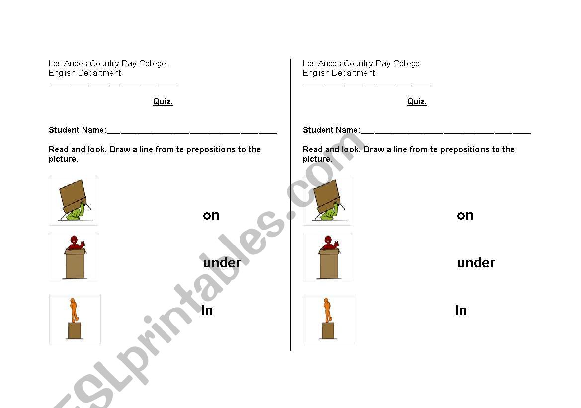 Prepositions on place, in, on , under