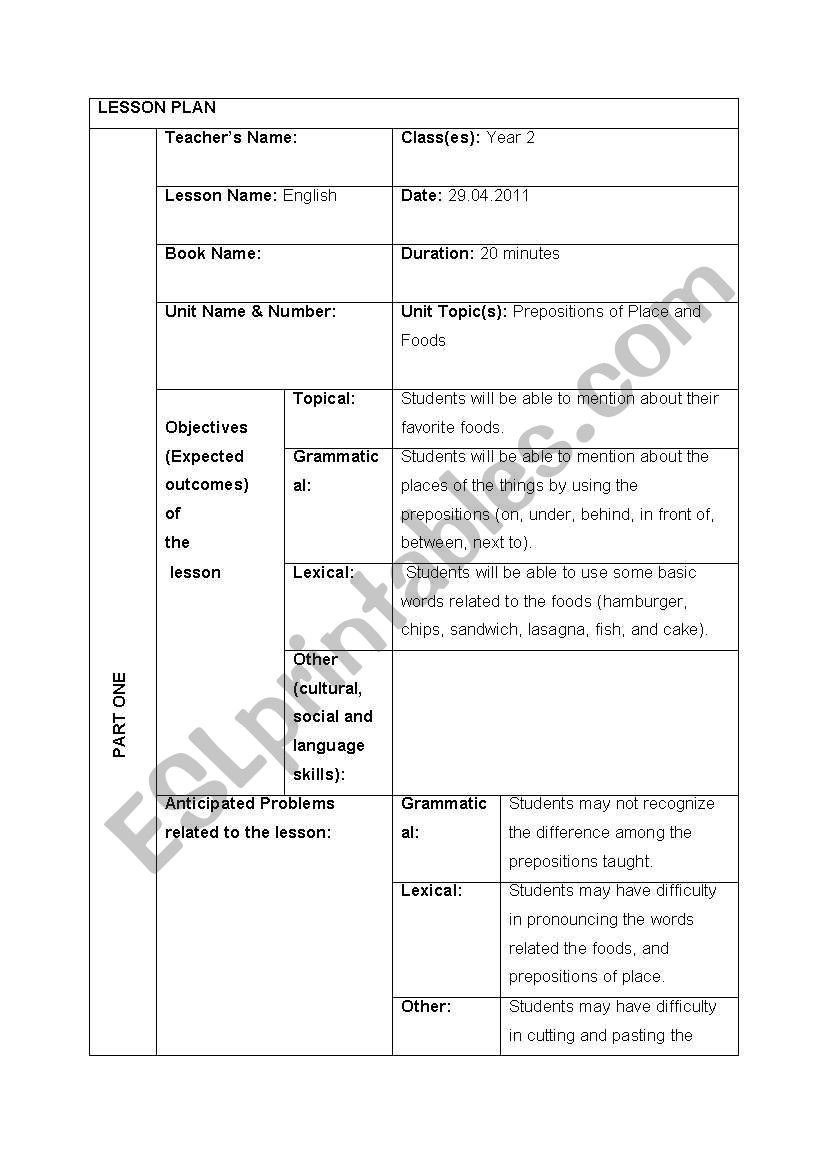 Garfields breakfast lesson plan