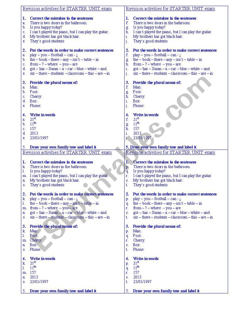  STARTER REVISION (ENGLISH IN MIND 1) 4 WORKSHEETS