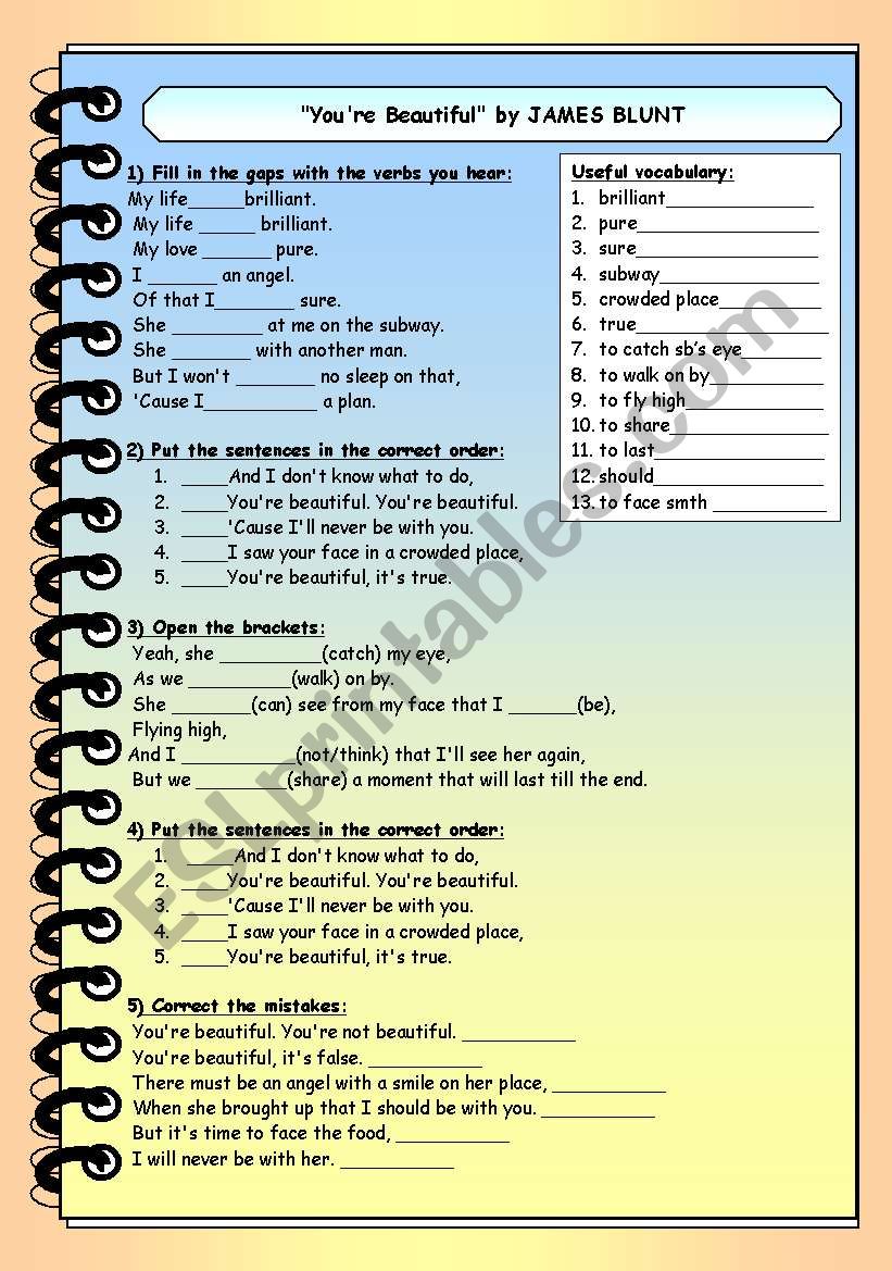 You´re Beautiful by JAMES BLUNT - ESL worksheet by yulya_esl