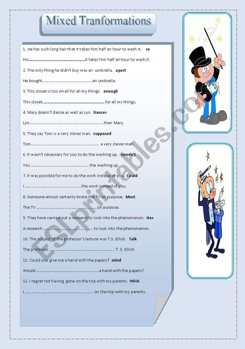 Mixed Transformations ESL Worksheet By Pateras