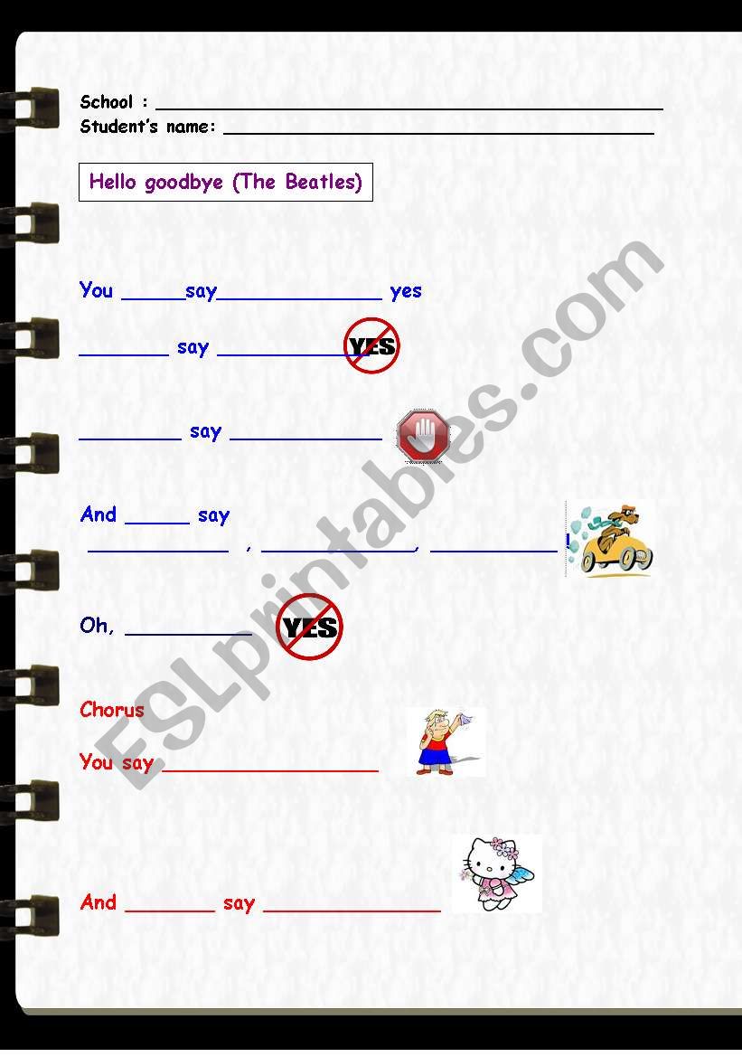 Song - Hello , Goodbye (The Beatles), with answer key