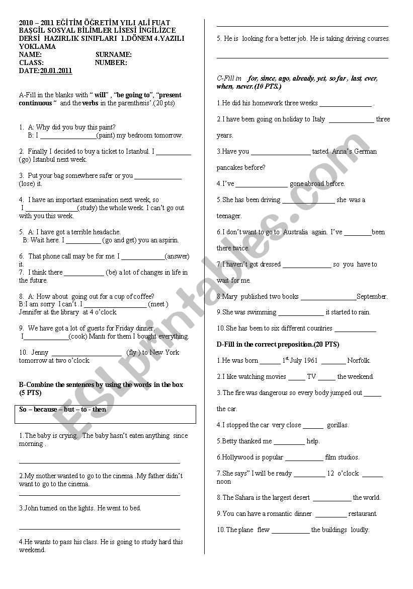 Exam for prep classes worksheet