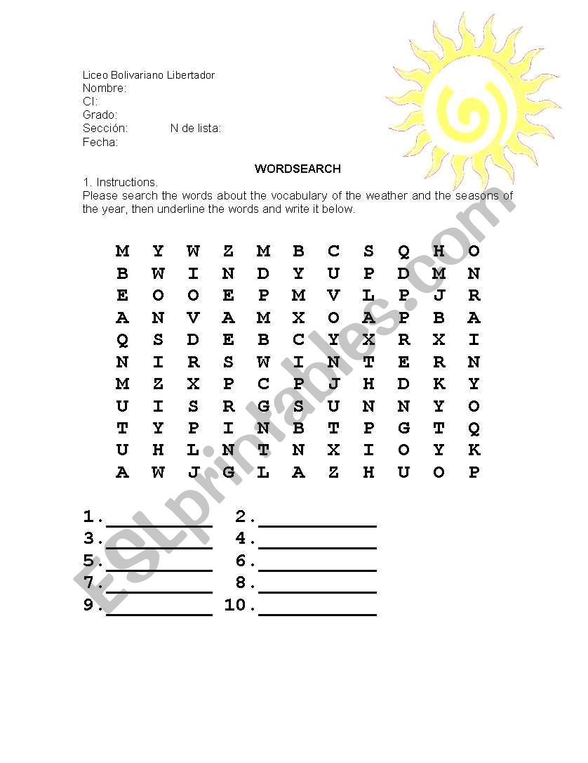 wordsearch worksheet