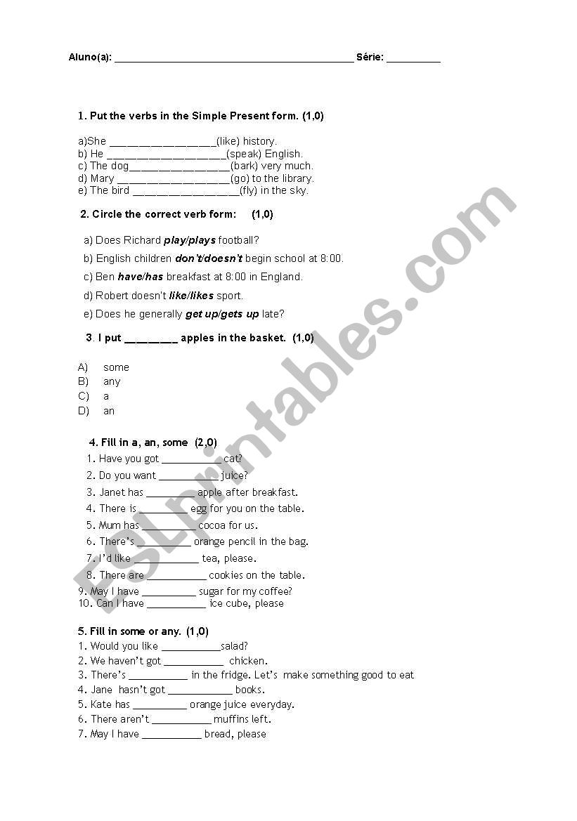 Activitie or test. worksheet