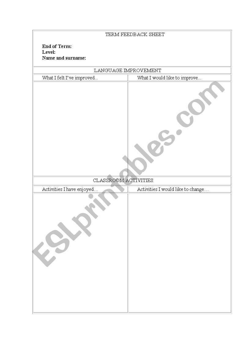 END OF TERM FEEDBACK SHEET worksheet