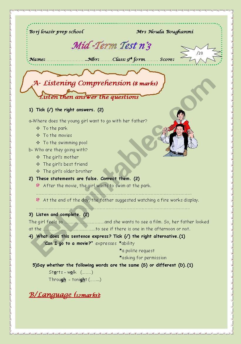 mid term test 3(9th form) worksheet
