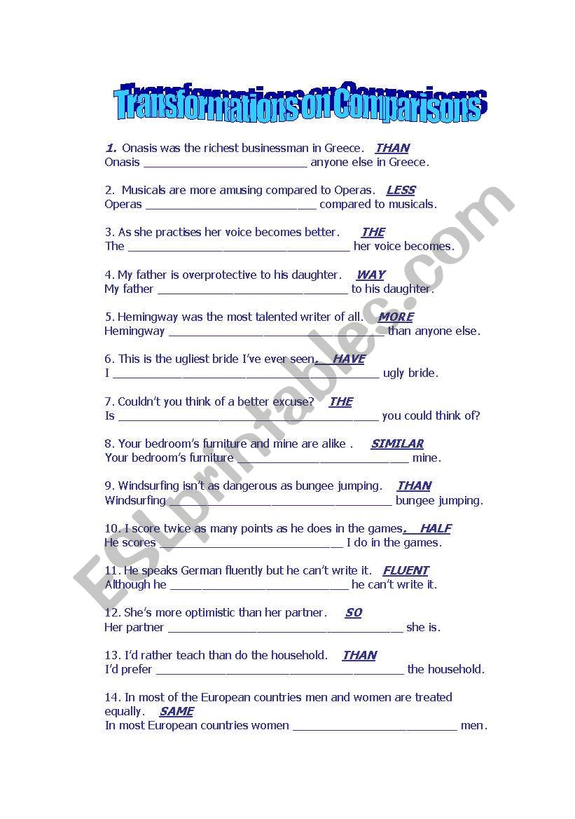 COMPARISONS-TRANSFORMATIONS worksheet