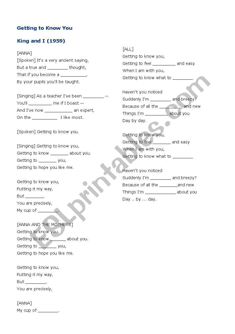 Getting to Know you Lyrics worksheet