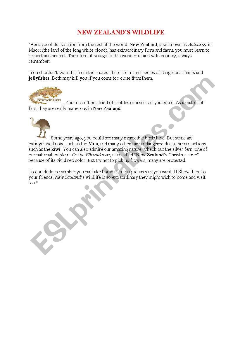 New Zealands Wildlife worksheet