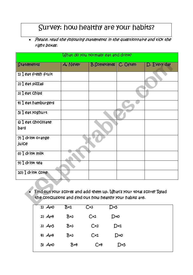 how healthy are your habits worksheet