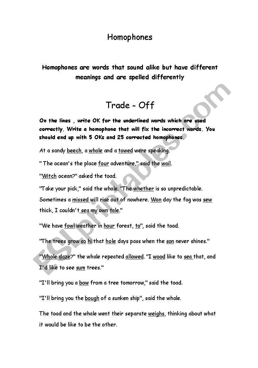 Homophones worksheet