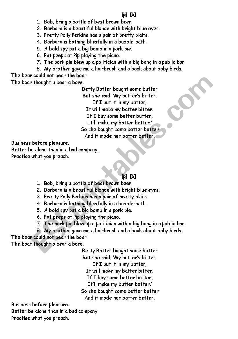 Phonetics P B worksheet