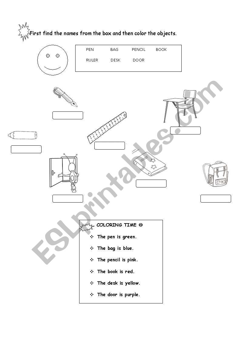 color and classroom objects worksheet