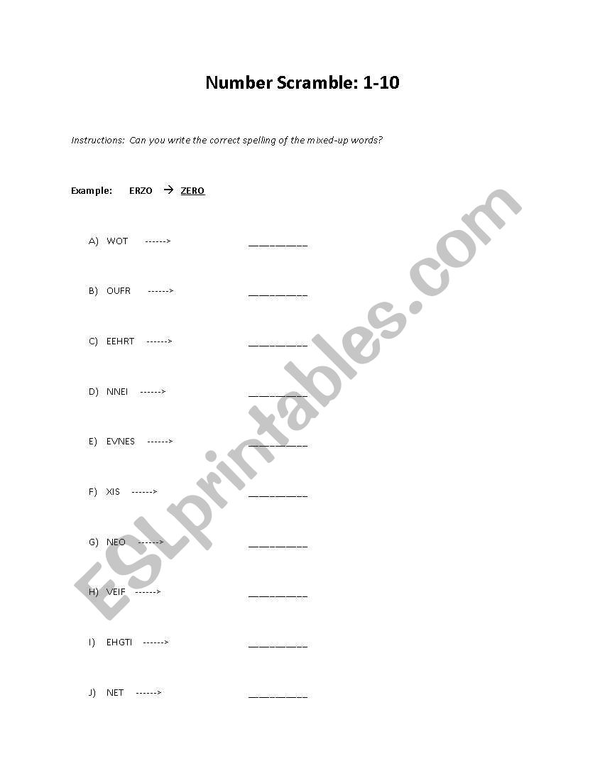 Number Scramble: 1 through 10 worksheet