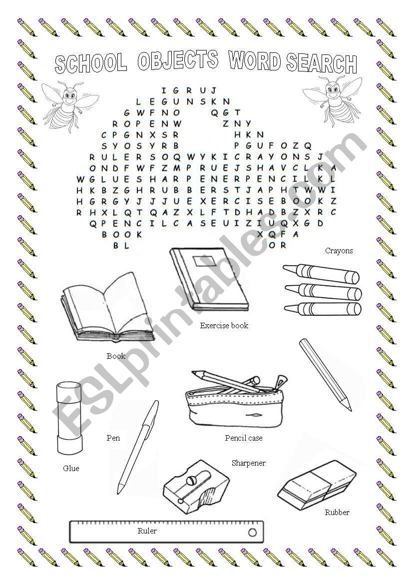 School  Objects Word Search worksheet