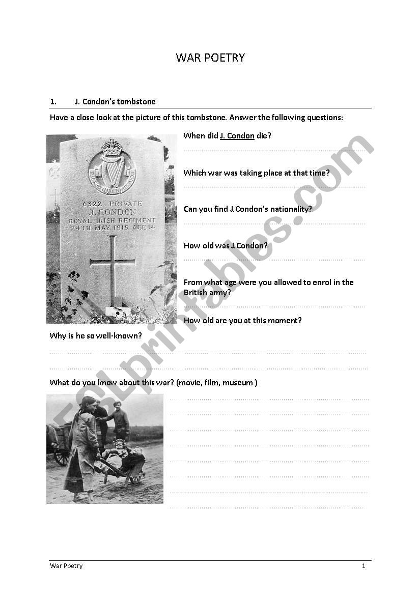 War Poets  worksheet