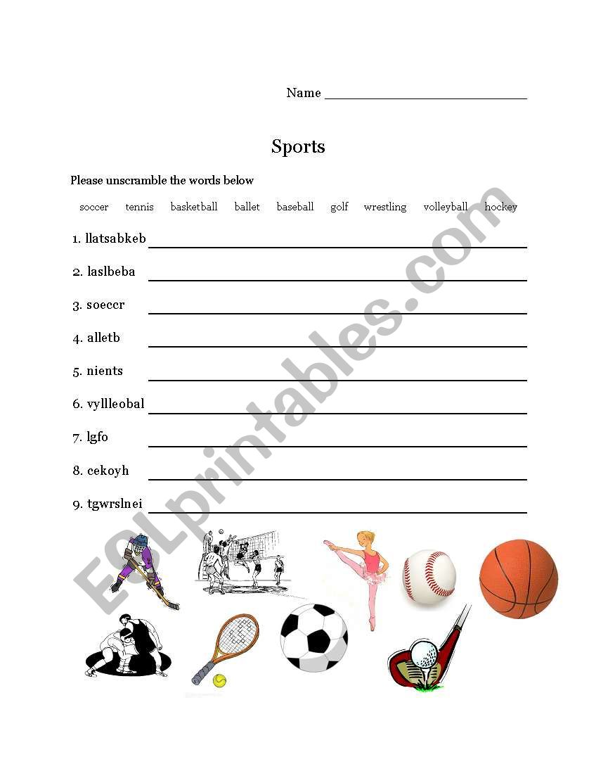 Sports unscramble worksheet