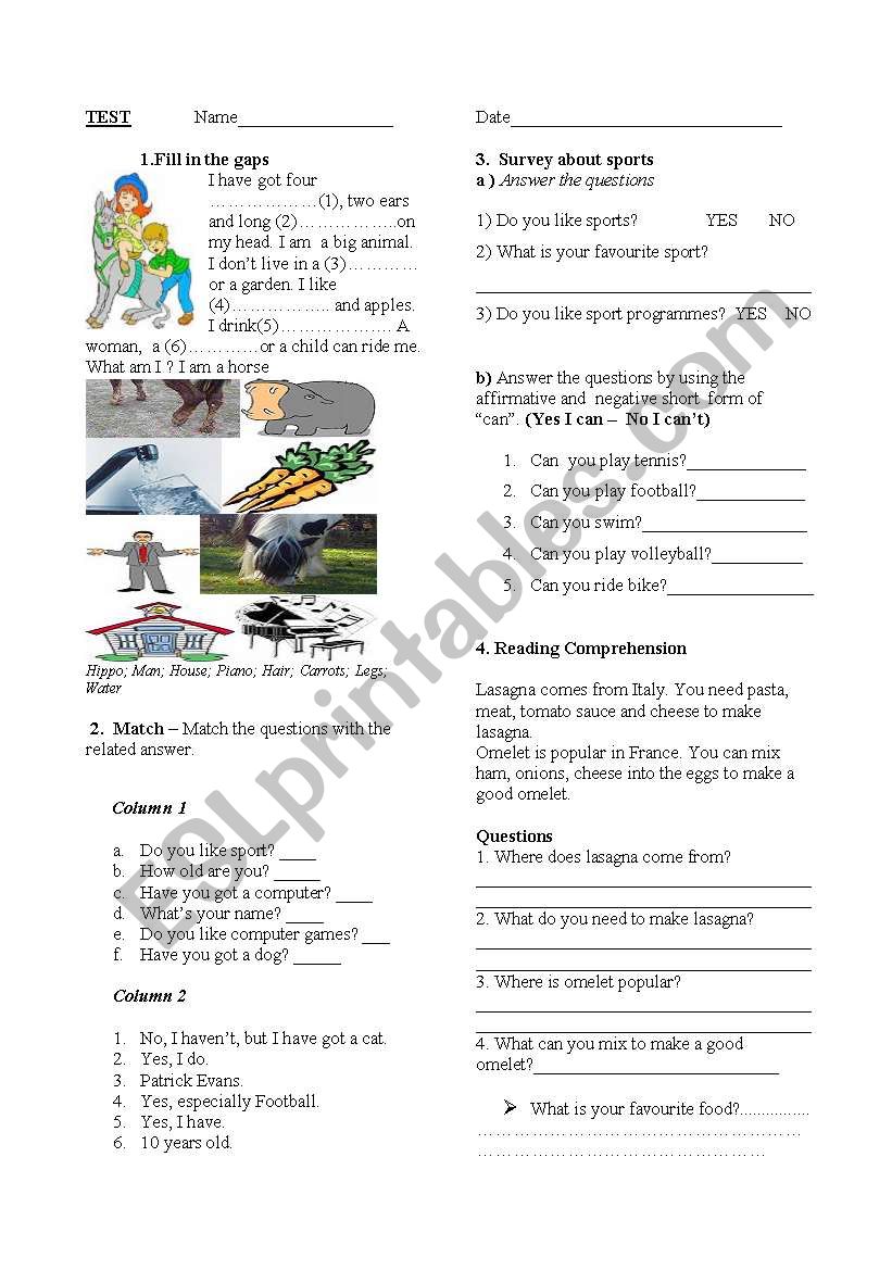 easy test for beginners worksheet