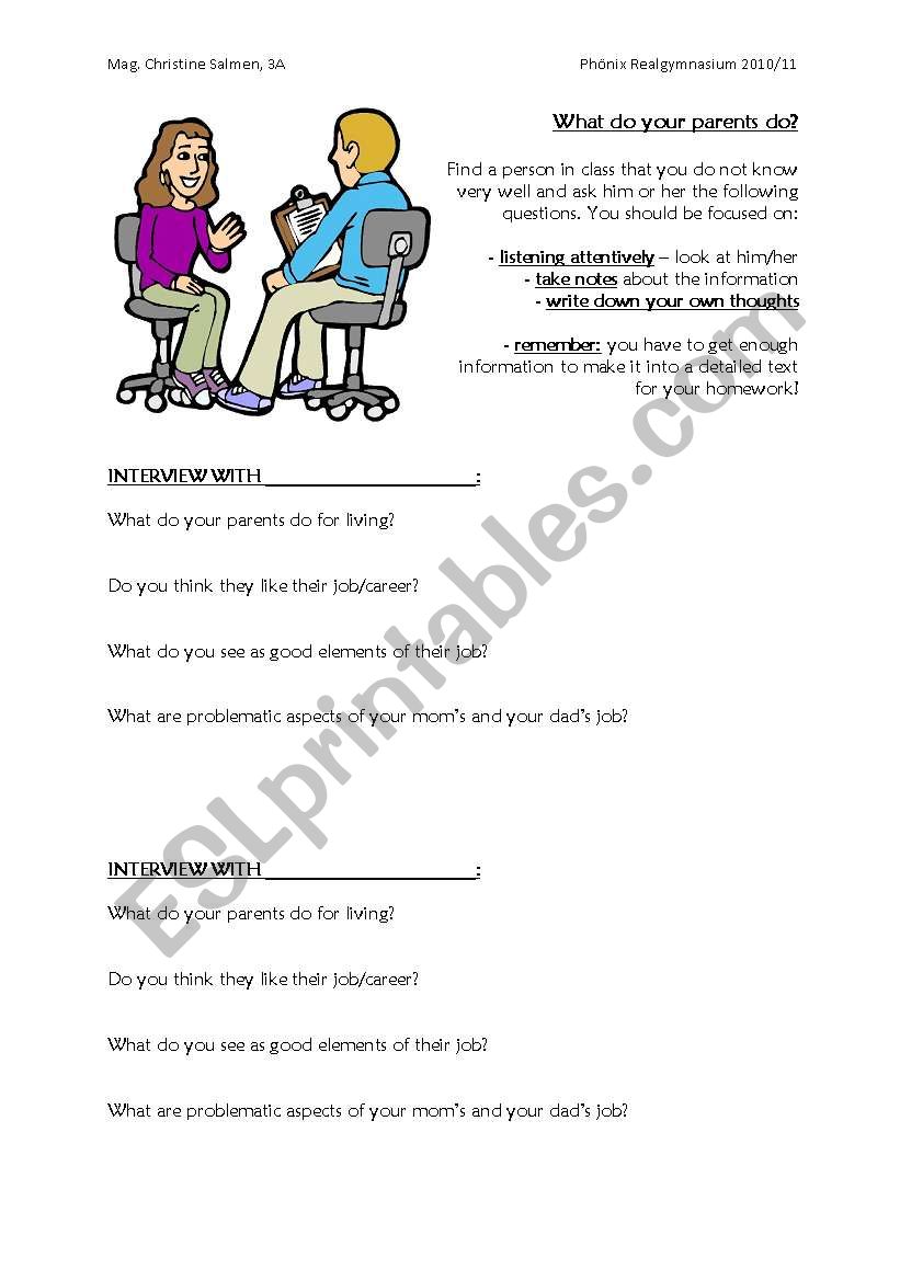 Jobs: Interview about parents worksheet