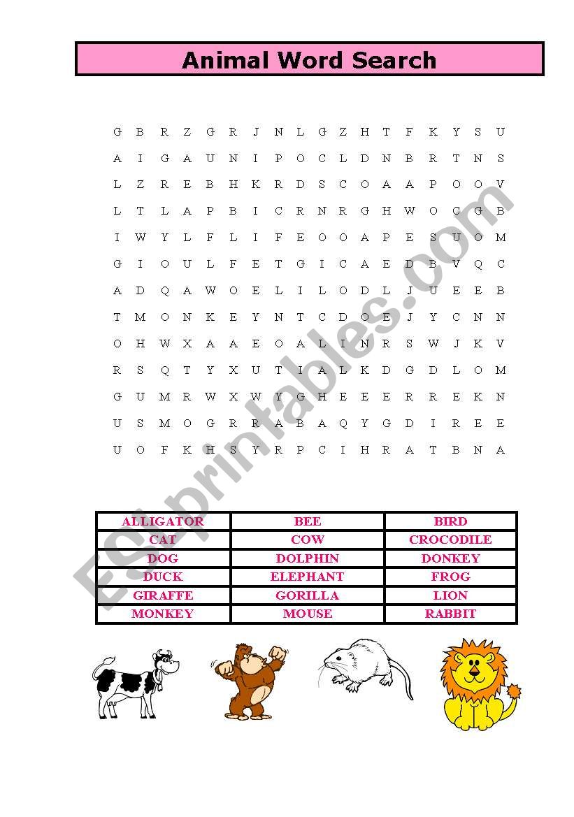 animal word search  worksheet