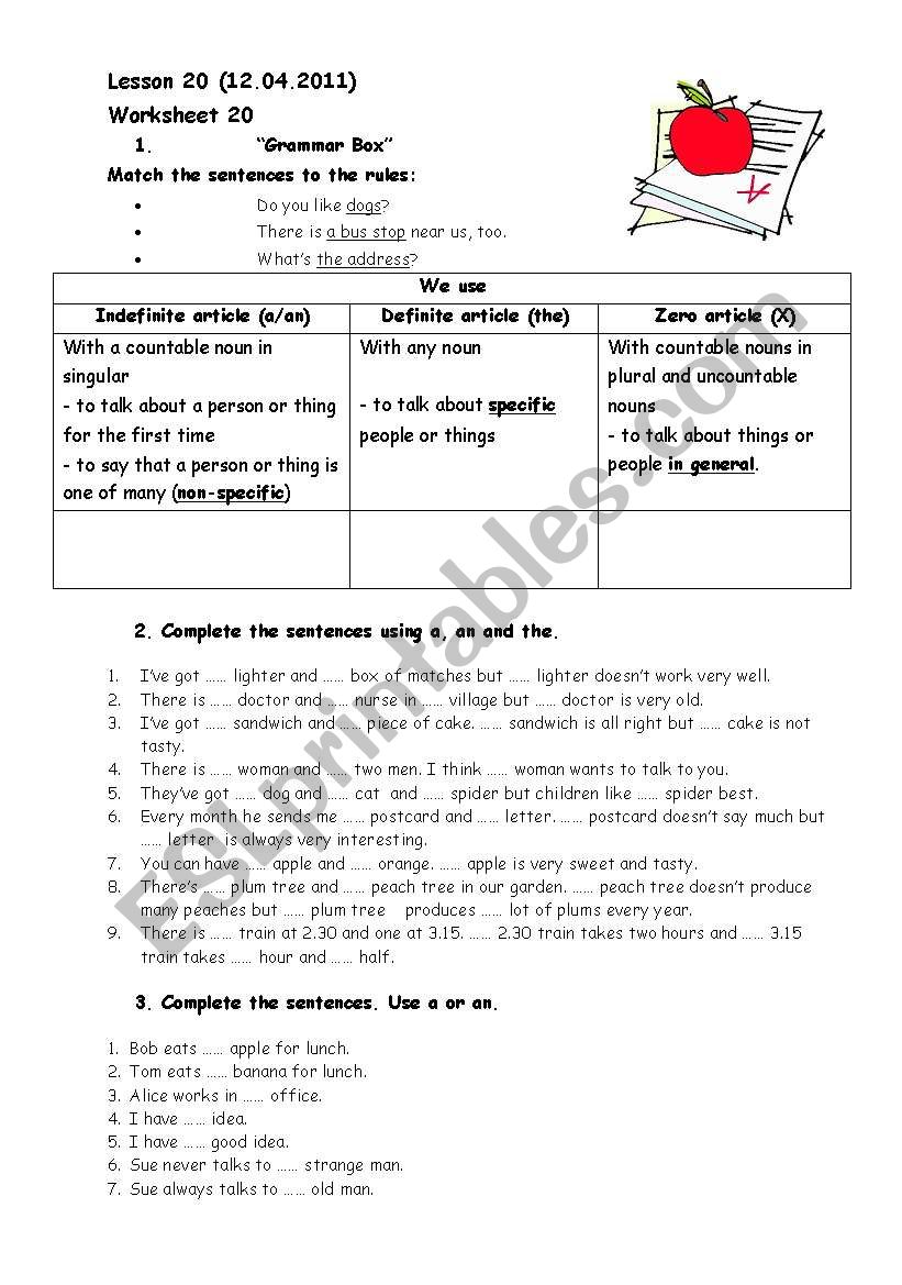 Articles worksheet