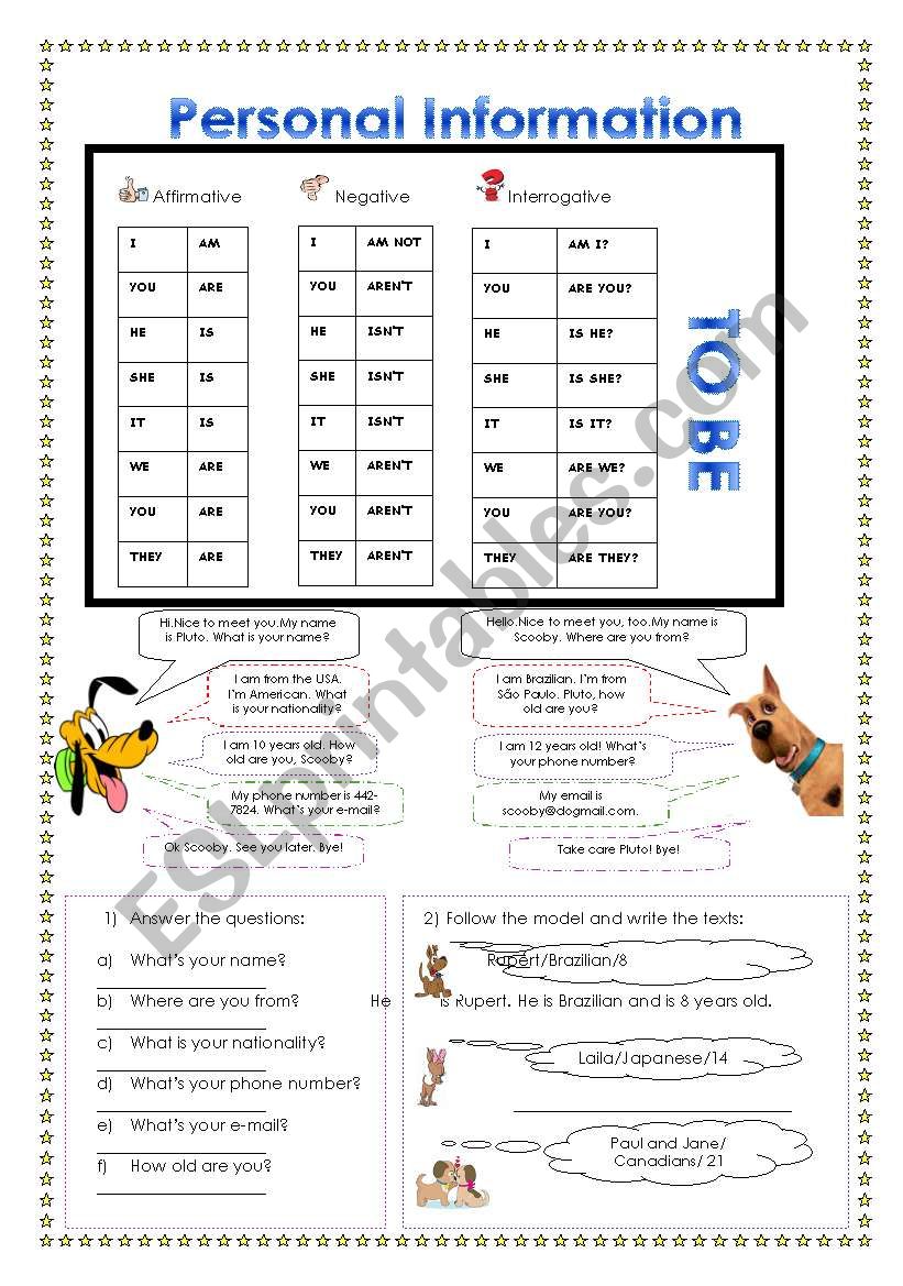 Personal information worksheet