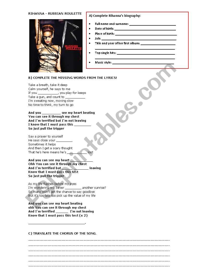 Russian Roulette song - By Rihanna - ESL worksheet by martix22